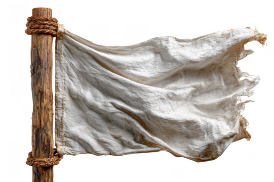 A weathered white flag fluttering on a wooden pole, symbolizing surrender or truce.