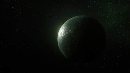 A large, green planet with a ring of smaller planets around it, set against a dark, star-filled sky.