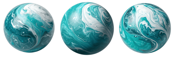 Set For blue and white marbled spheres isolated on transparent background