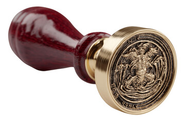 A detailed wax seal stamp with a wooden handle and intricate engraved design on its metal head.