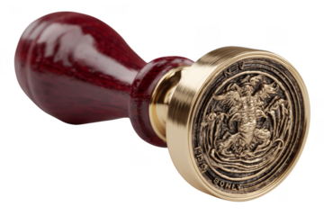 A detailed wax seal stamp with a wooden handle and intricate engraved design on its metal head.
