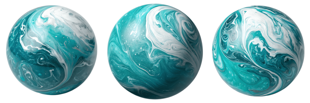 Set For blue and white marbled spheres isolated on transparent background