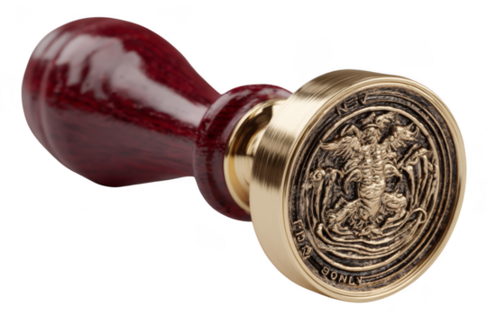 A detailed wax seal stamp with a wooden handle and intricate engraved design on its metal head.