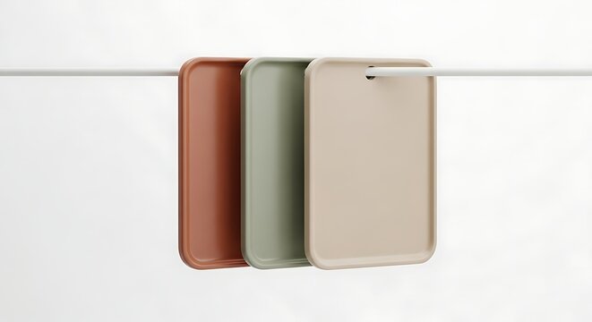 Minimalist presentation of three hanging trays in muted pastel colors, studio shot