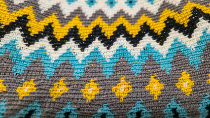 Crochet pattern of multicolored threads Yellow with gray, black and other colors