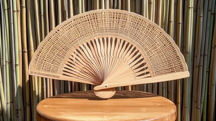 Elegant Traditional Wooden Hand Fan with Intricate Design Displayed