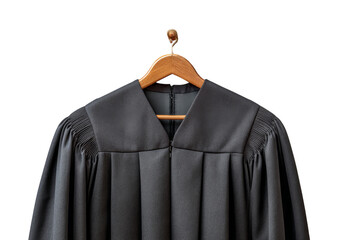 Black graduation robe hanging on a wooden hanger.