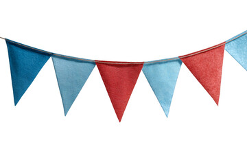 Colorful triangular flags strung together in a festive arrangement, featuring shades of red and blue.