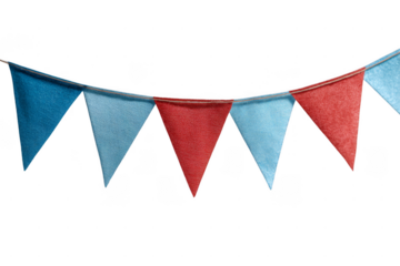 Colorful triangular flags strung together in a festive arrangement, featuring shades of red and blue.