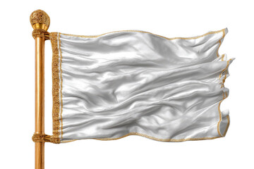 Waving white flag with intricate gold detailing on the pole.