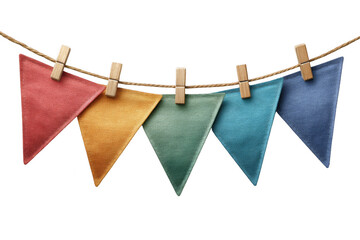 Colorful fabric bunting flags hanging on a string.