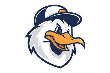 Duck head sporting a baseball cap showcases bold navy and orange colors in vector