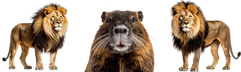 Obraz premium Lion mammal big cat wild animal brown fur mane predator standing isolated majestic powerful alert nature wildlife strong carnivore whisker face closeup symmetry African savanna zoo safari king