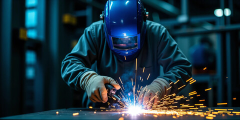 Close-up of industrial welder at work creating bright electric sparks while fusing metal in a modern fabrication workshop with protective gear, cinematic lighting, and intense manual precision