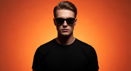 Confident young man in sunglasses against a vibrant orange backdrop at dusk