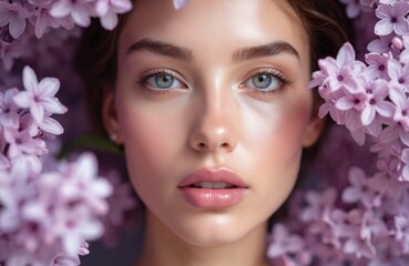 Naklejka premium Young woman with delicate lilac flowers framing face. Features close-up portrait flawless skin, soft makeup, striking blue eyes. Evokes sense of natural beauty, springtime freshness, cosmetic