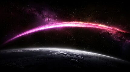 A planet with a pink and purple nebula above it.