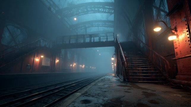 Foggy Night at a Vintage Train Station