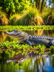 Fototapeta premium American alligator basking in sunlight among lush pond vegetation