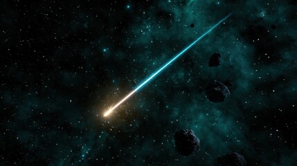 A meteor streaks across the night sky, leaving a trail of light and casting a shadow on the dark backdrop.