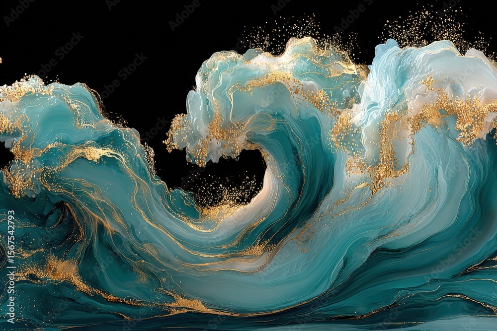 Poster Abstract ocean wave with swirling motion in shades of blue and turquoise accented with gold details creating a dynamic and artistic design