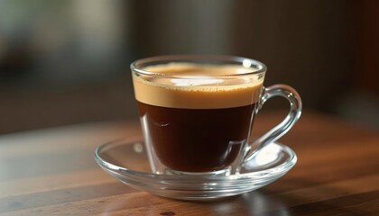 A glass cup of espresso with a layer of frothy crema.