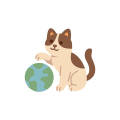 A playful cat with brown markings sits beside a globe
