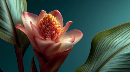 Fototapeta premium Closeup of a Pink and White Flower with Green Leaves Against a Teal Background