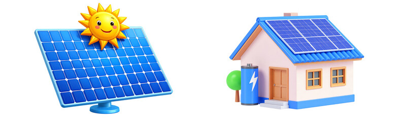 Solar panel sun house battery renewable energy eco friendly electricity sustainable power. cheerful sun shines above blue solar panel and house with solar panels symbolizing clean energy