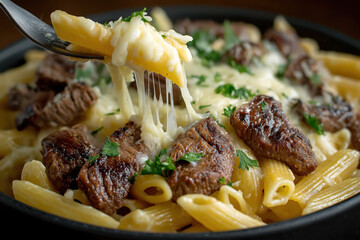 Close-up of Penne Pasta with Grilled Beef and Melted Cheese