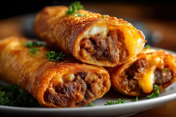 Close-Up of Crispy Beef and Cheese Egg Rolls on a Plate, Garnished with Fresh Parsley