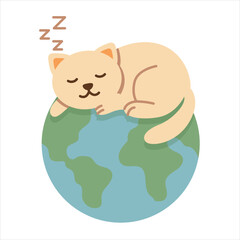 Cute Cat Lying on the Globe, World Cat Day Vector Illustration, Suitable for Banner, Sticker and More