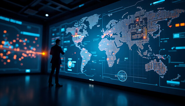 Analyst observing a world map displayed on a large screen in a technology control room