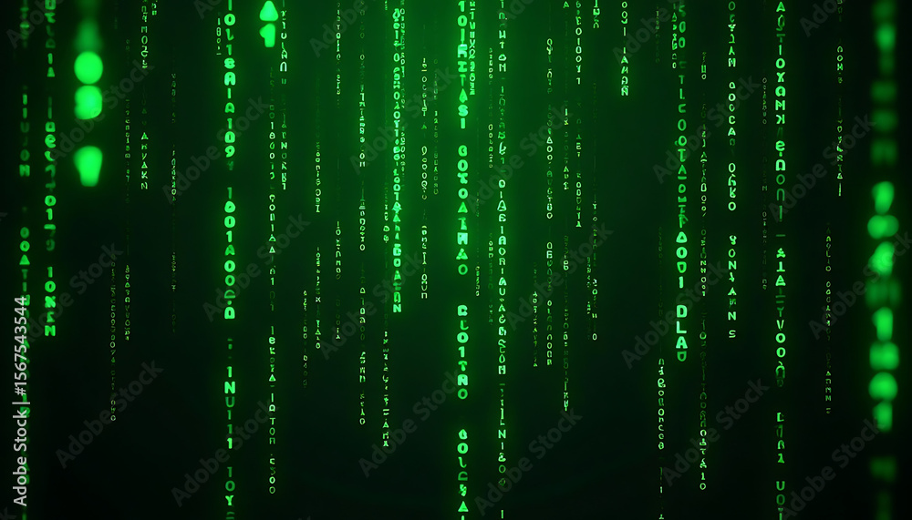 Wall mural abstract green digital rain code pattern, matrix style, for data processing