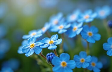 Close-up macro shot of vibrant blue forget-me-not flowers with yellow centers. Delicate petals, green blurred background convey nature beauty, spring freshness. Represents true love, respect,