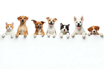 Row of cats and dogs hanging their paws over a white banner. Image sized to fit a popular social media timeline photo placeholder.