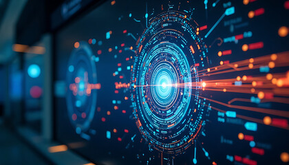 Futuristic digital interface showing data analysis and technological advancements