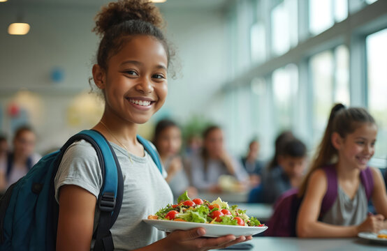 Young student with backpack smiles holding fresh salad plate in bright cafeteria. Other students visible in background. Promotes healthy eating, vitality, and positive school life.