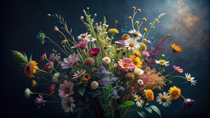 Floral arrangement of wildflowers on a dark background