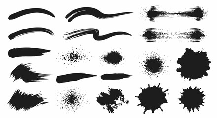 Grunge elements set features brush strokes, splatters and stains in black color