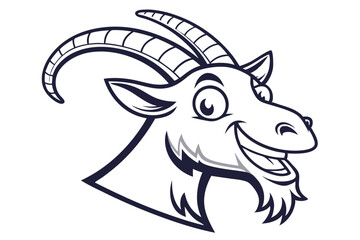 Smiling goat head shows curved horns and a detailed beard in monochrome