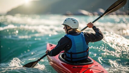 Obraz premium Person kayaking on turquoise water with sun flare and white water splashes