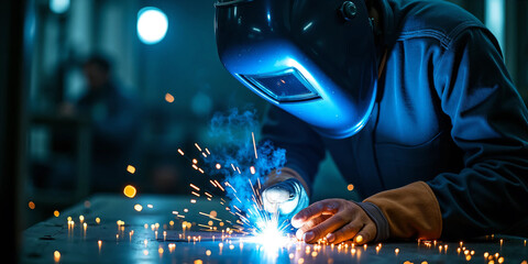 Close-up of industrial welder at work creating bright electric sparks while fusing metal in a modern fabrication workshop with protective gear, cinematic lighting, and intense manual precision