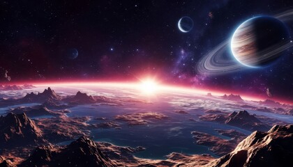 A stunning 3D 4K view of a distant planet with magnificent mountainous terrain and a shimmering ocean. The sunrise casts a golden glow over the surface, while vibrant planets and rings hover above.