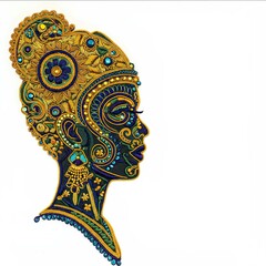 Naklejka premium Intricate embroidered artwork profile of a woman's head adorned with gold and jewel toned threads
