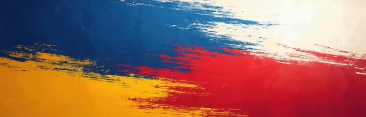 Abstract grunge brush stroke illustration featuring Philippines flag colors blue, red, yellow, white. Textured background evokes national pride, patriotism, artistry. Ideal for banners, posters,