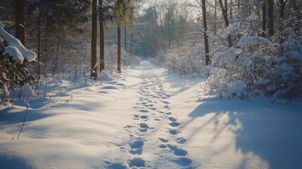 Obraz premium Footprints on a snowy forest path in winter sunlight.