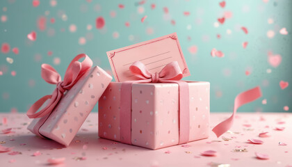 Open gift box with pink confetti falling. Contains reward voucher and pink ribbon. Celebrate special occasions like birthdays, anniversaries, or holidays. Surprise gift package.