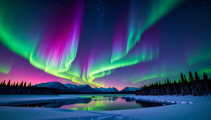 Aurora Borealis with winter lake, and stars.
