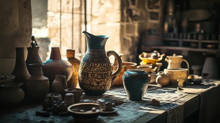 Explore the beauty of ancient pottery in a rustic workshop. Crafted by skilled artisans, each piece tells a story. Unique designs capture a timeless tradition. Generative AI
